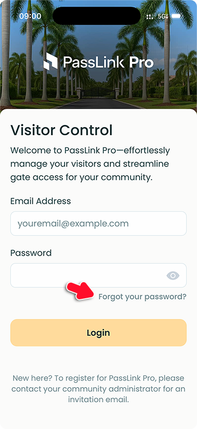 PassLink Pro mobile app login screen with the Forgot your password link