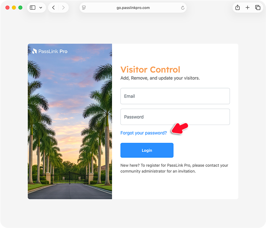 PassLink Pro web login screen with the Forgot your password link