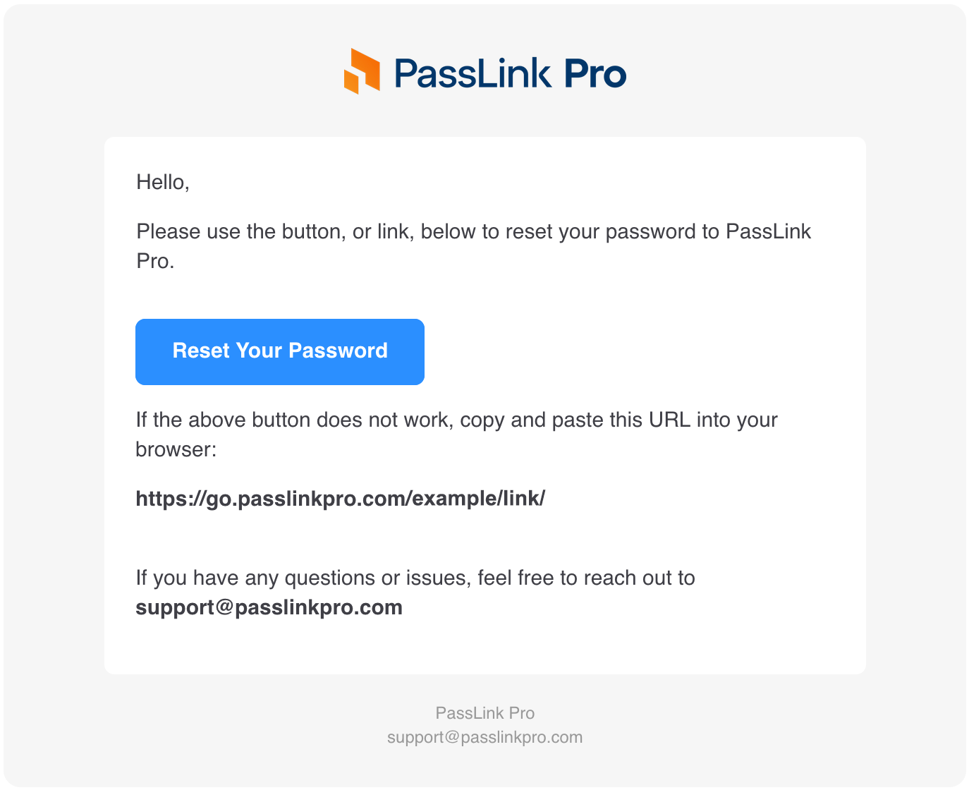 PassLink Pro password reset email with reset link