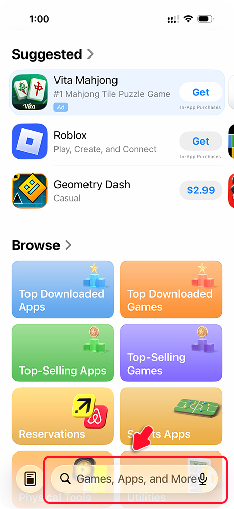 App Store search bar on iPhone