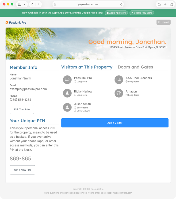 PassLink Pro visitor list on the web