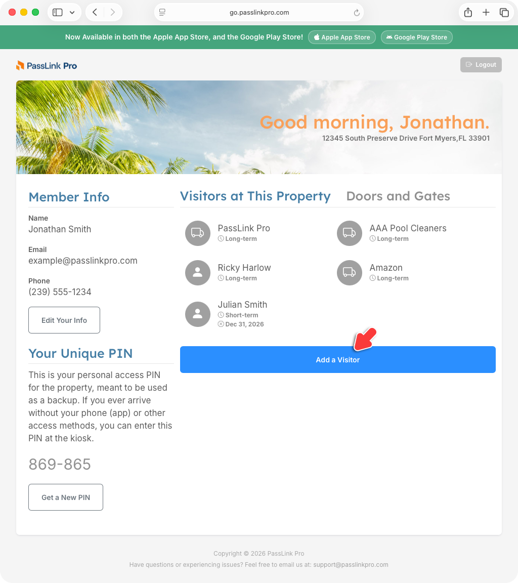PassLink Pro web home page with Add a Visitor button