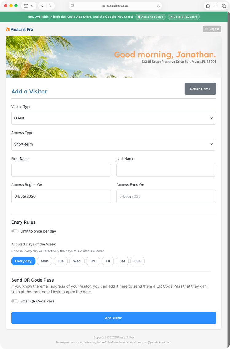 PassLink Pro web add visitor form