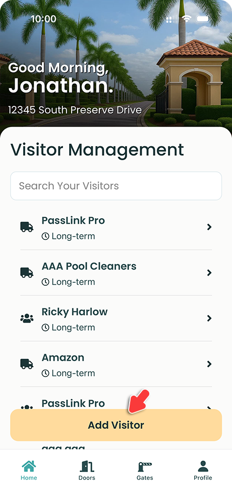 PassLink Pro mobile app home screen with Add Visitor button