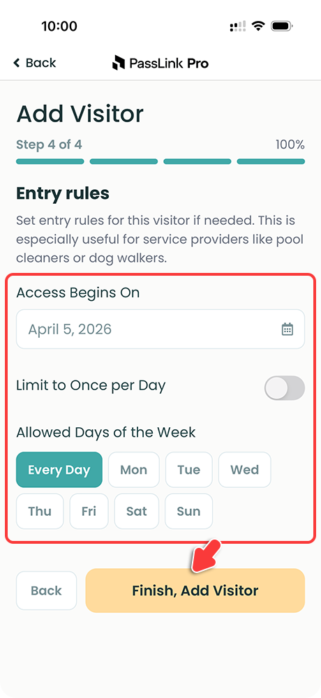 PassLink Pro mobile app entry rules step with access dates and visitor rules