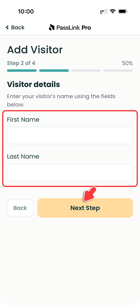 PassLink Pro mobile app visitor details step