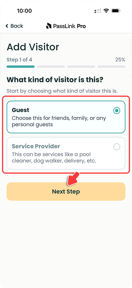 PassLink Pro mobile app visitor type step with Guest and Service Provider options