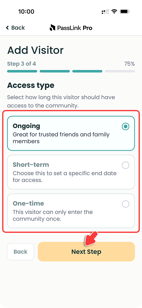 PassLink Pro mobile app access type step with Ongoing, Short-term, and One-time options