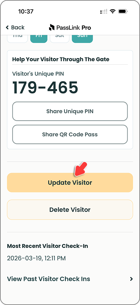 PassLink Pro mobile app visitor detail page with Update Visitor button