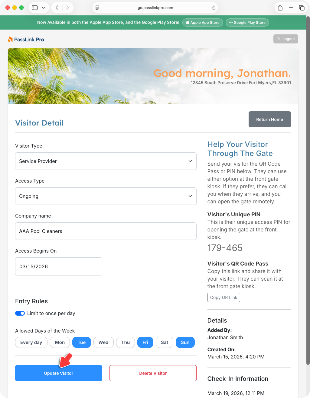 PassLink Pro web visitor detail page with Update Visitor button