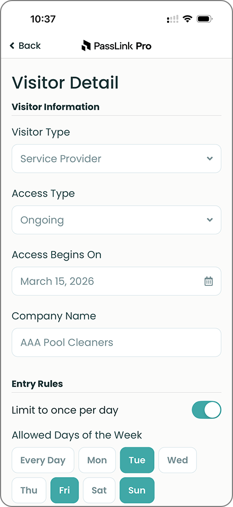 PassLink Pro mobile app visitor detail page with fields to update