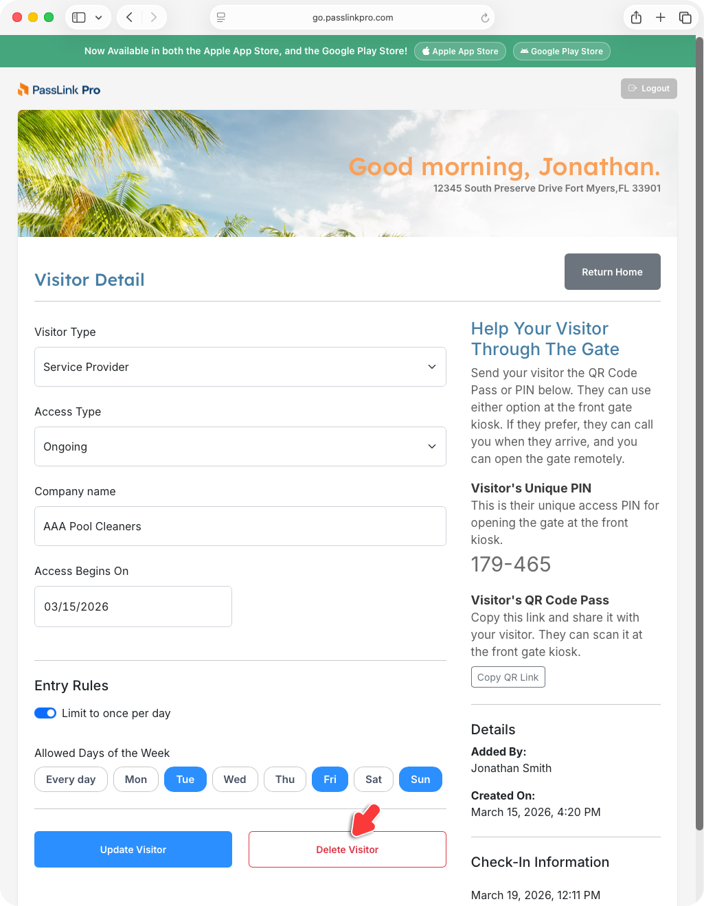 PassLink Pro web visitor detail page with Delete Visitor button