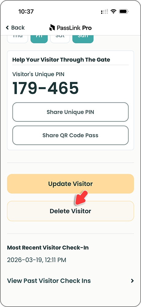 PassLink Pro mobile app visitor detail page with Delete Visitor button