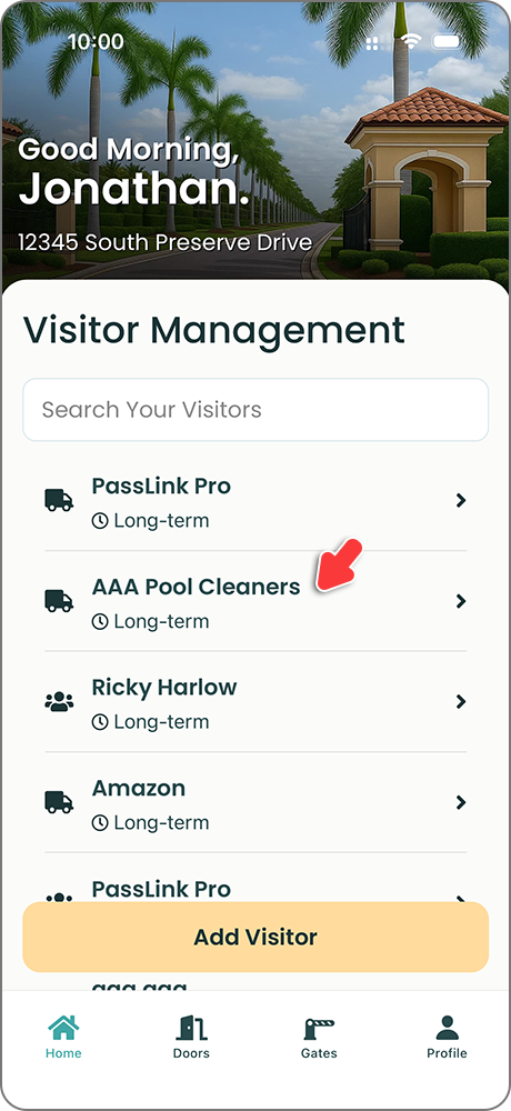 PassLink Pro mobile app visitor list with a visitor selected