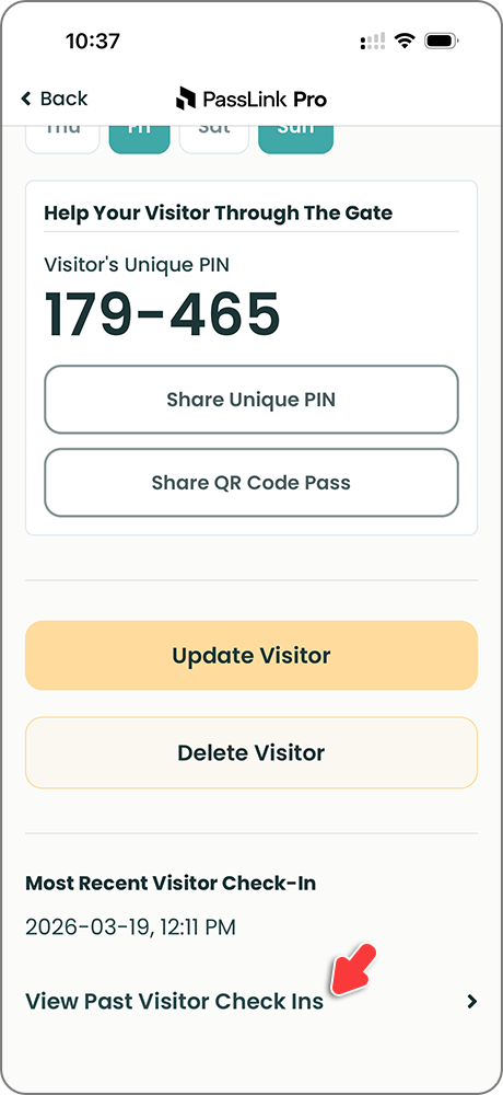 PassLink Pro mobile app visitor detail page with View Past Visitor Check-Ins section