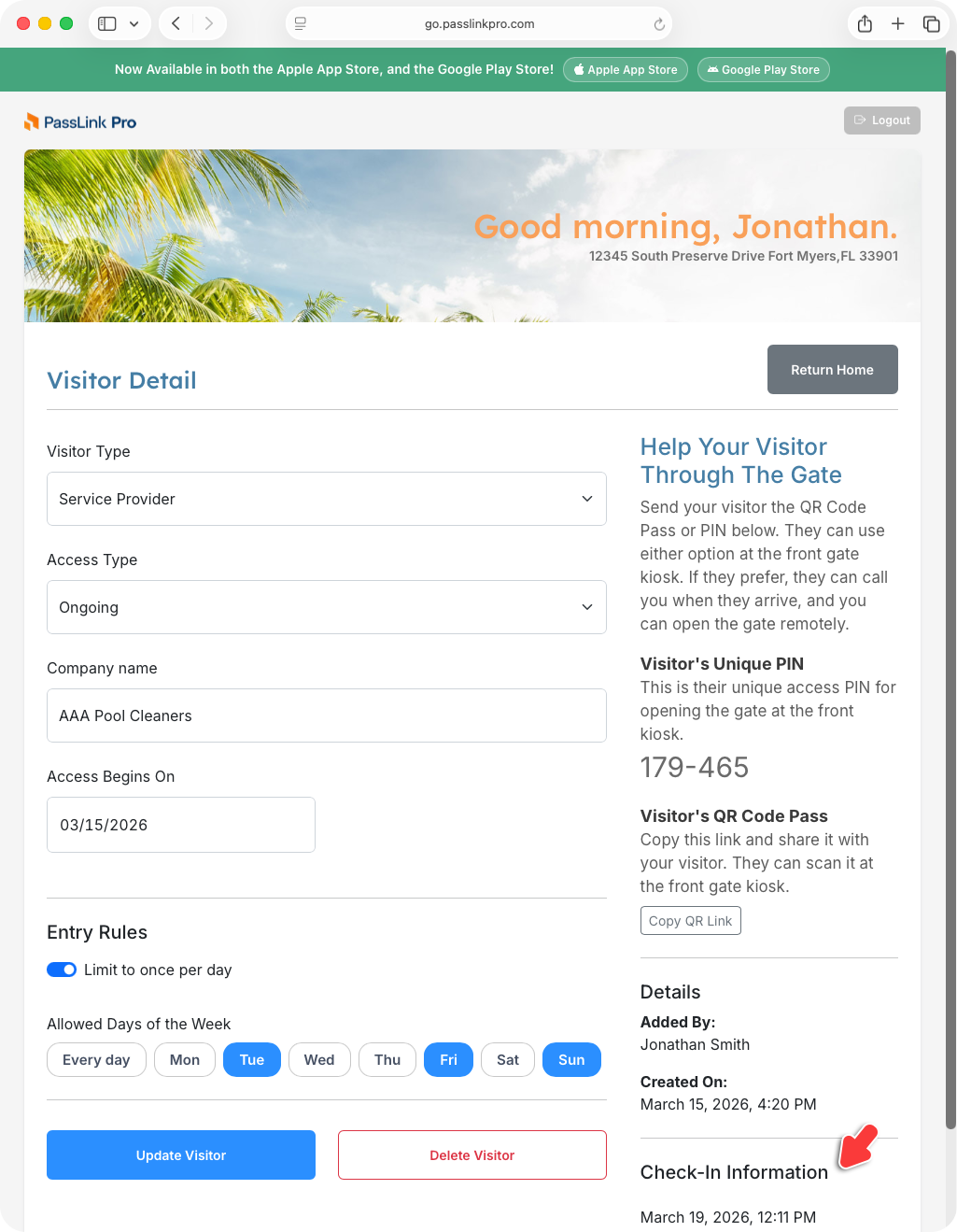 PassLink Pro web visitor detail page with Check-In Information section