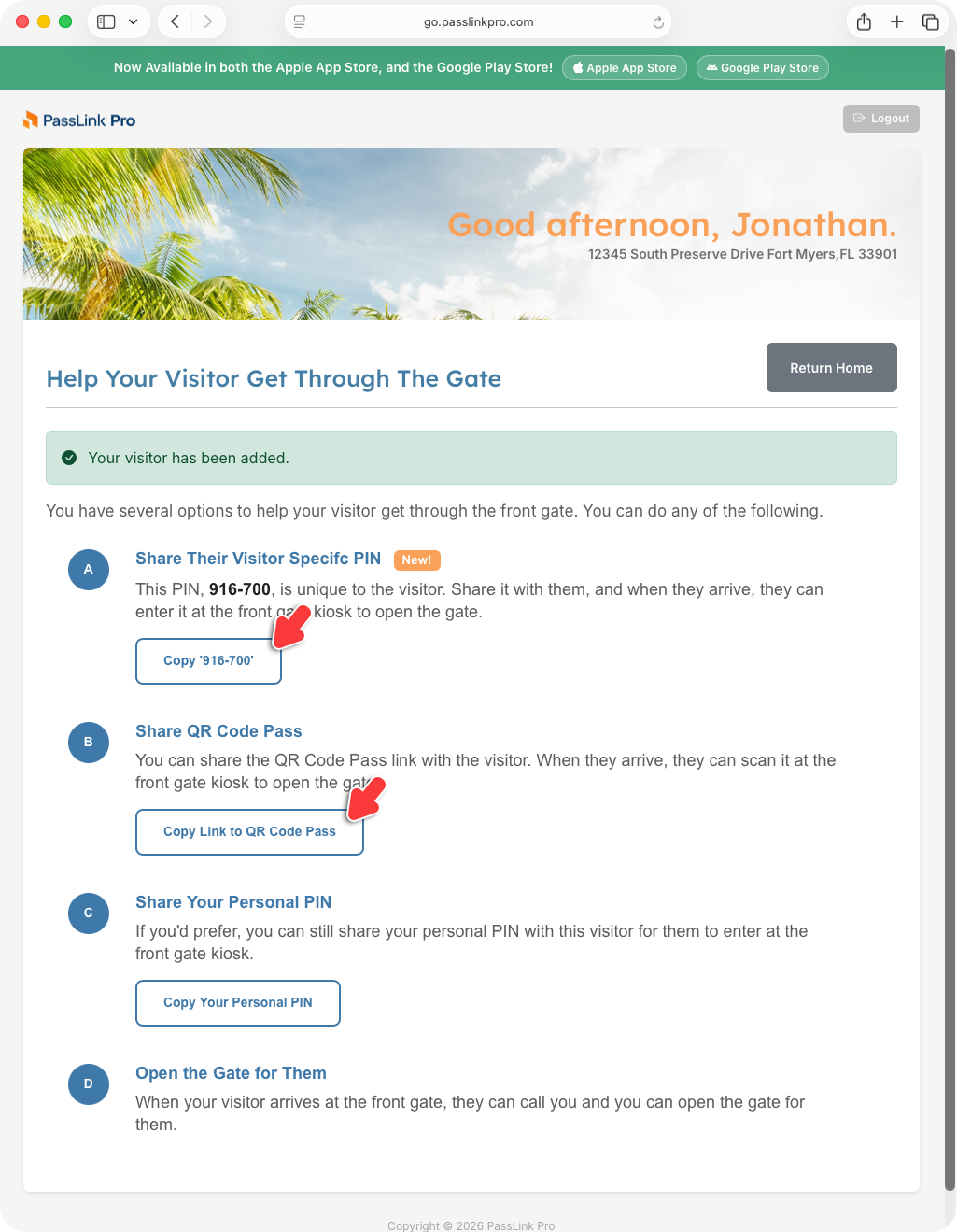 PassLink Pro web Help Your Visitor Through The Gate page with visitor PIN and QR code link options