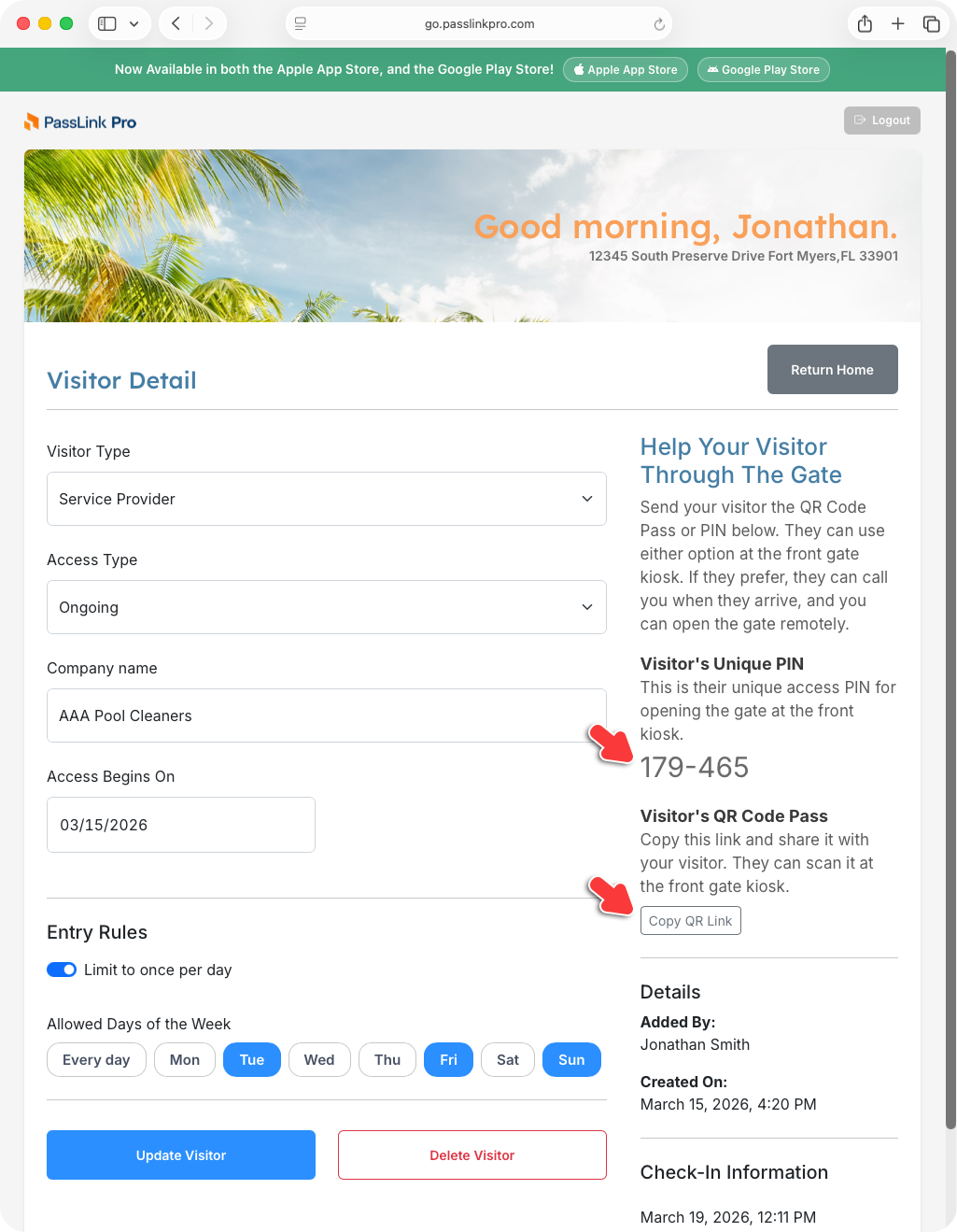 PassLink Pro web visitor detail page with visitor PIN and QR code link button