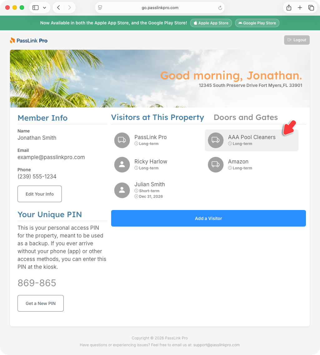 PassLink Pro web visitor list with a visitor selected