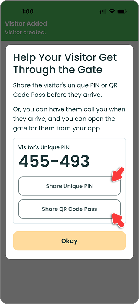 PassLink Pro mobile app Help Your Visitor Through The Gate screen with visitor PIN and QR code share options