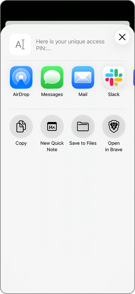 Phone share screen for sending a visitor PIN or QR code link