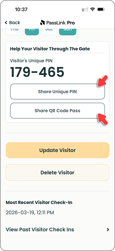 PassLink Pro mobile app visitor detail page with visitor PIN and QR code share option