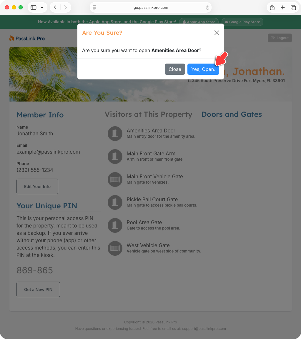PassLink Pro web confirmation popup for opening a door or gate