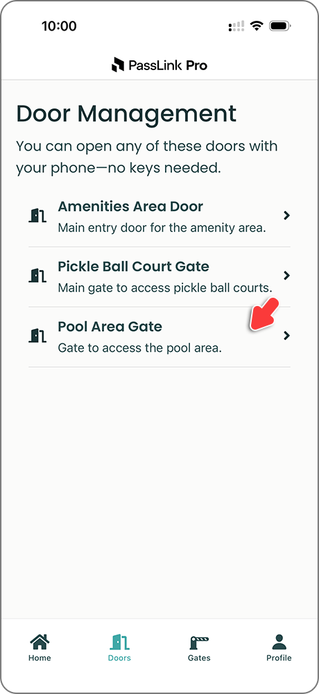 PassLink Pro mobile app Gates page with an available gate