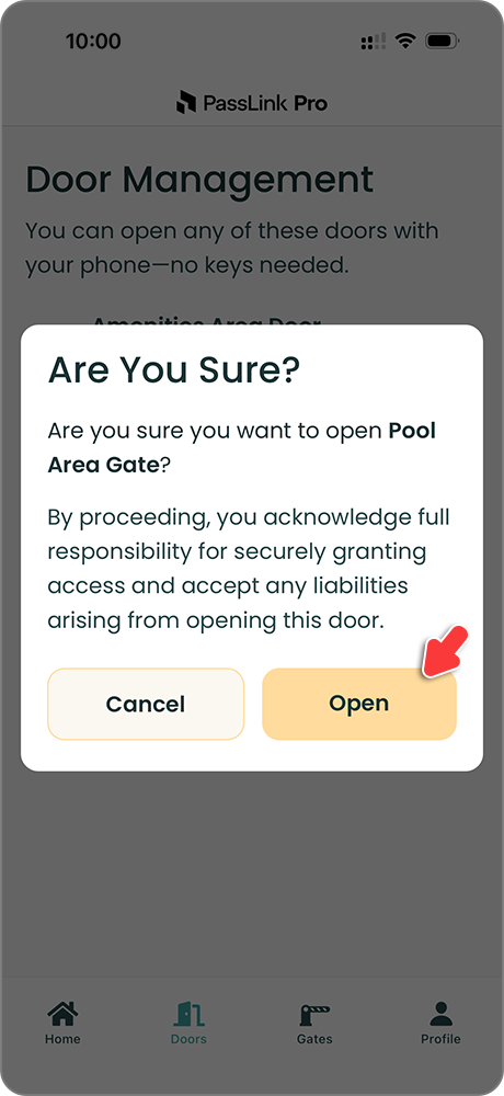 PassLink Pro mobile app confirmation popup for opening a door or gate
