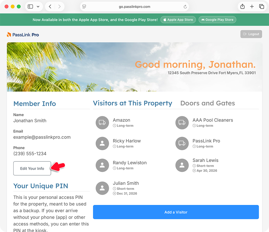 PassLink Pro web home page with Edit Your Info button