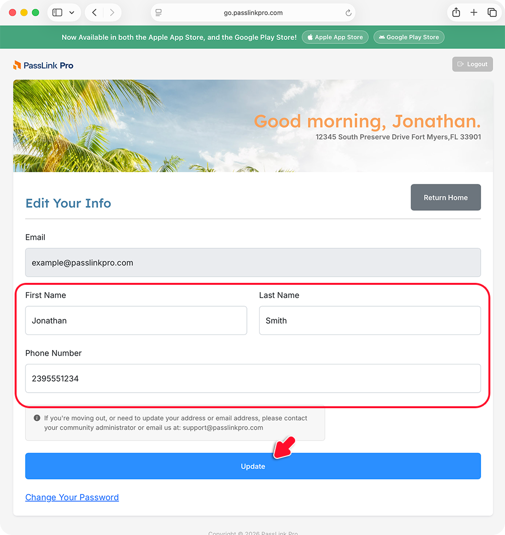 PassLink Pro web Edit Your Info page with personal information fields and Update button