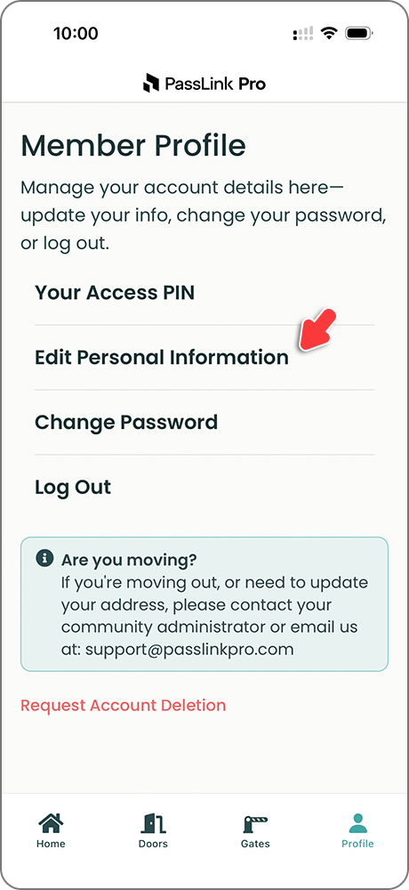 PassLink Pro mobile app Profile page with Edit Personal Information option
