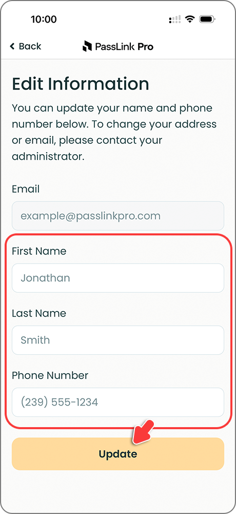 PassLink Pro mobile app Edit Personal Information screen with personal information fields and Update button