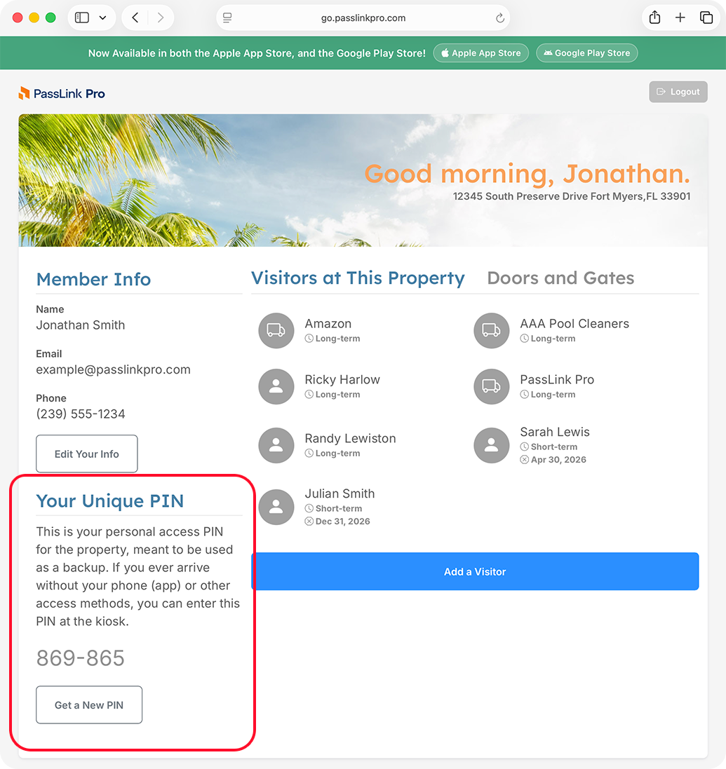 PassLink Pro web home page with Your Unique PIN section showing the resident access PIN