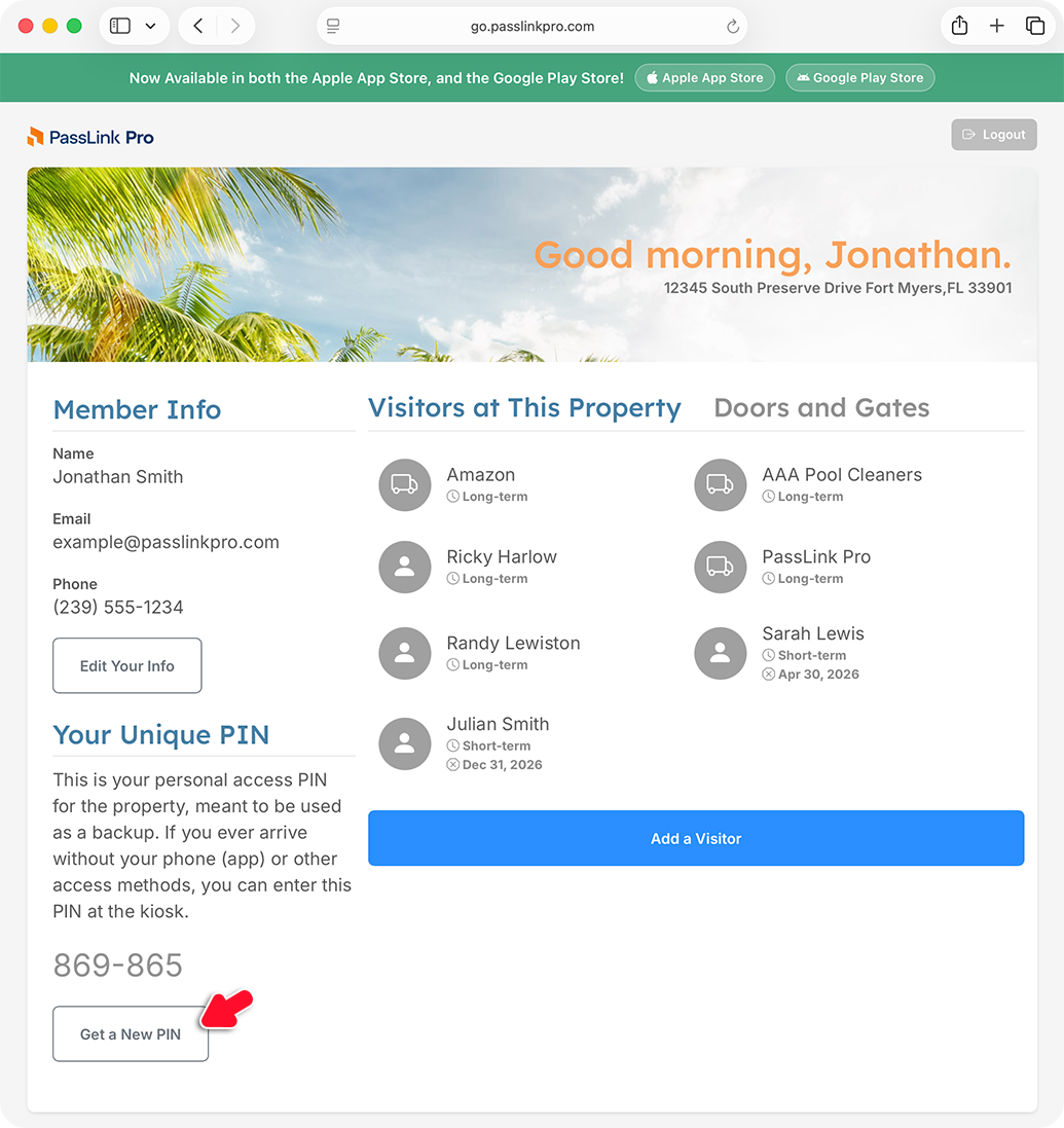 PassLink Pro web home page with Get a New PIN button in the Your Unique PIN section