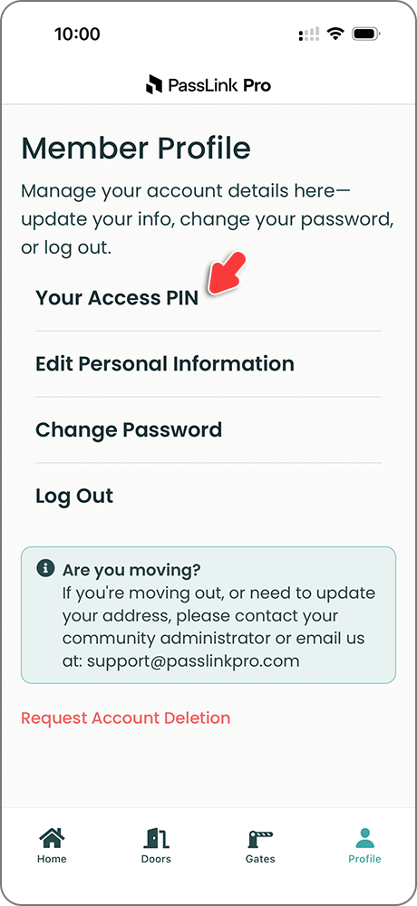 PassLink Pro mobile app Profile page with Your Access PIN option