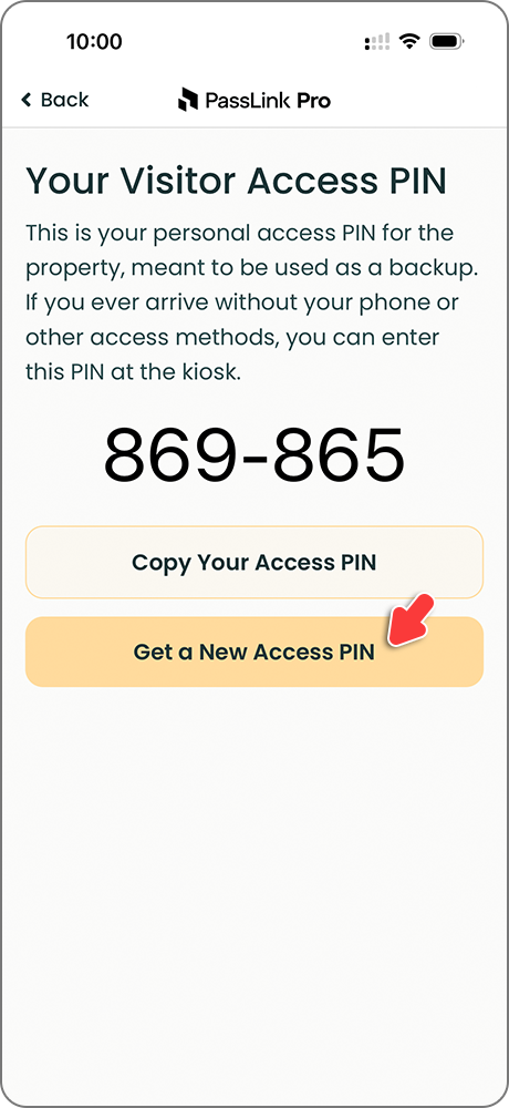 PassLink Pro mobile app Your Access PIN page with current PIN and Get a New PIN button