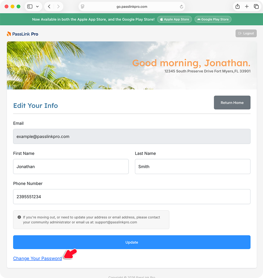 PassLink Pro web Edit Your Info page with Change Your Password link