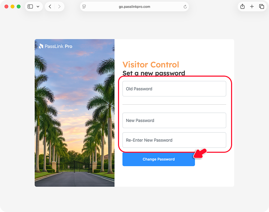 PassLink Pro web Change Your Password page with password form and Change Password button