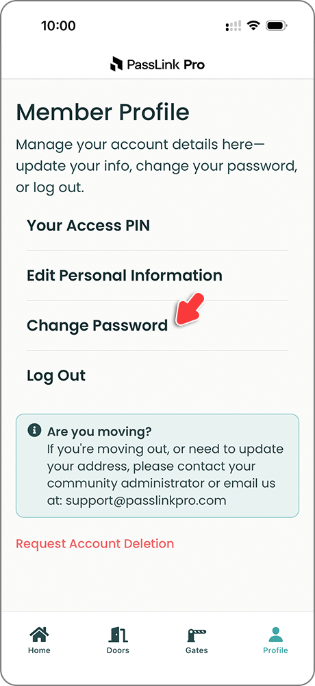 PassLink Pro mobile app Profile page with Change Password option