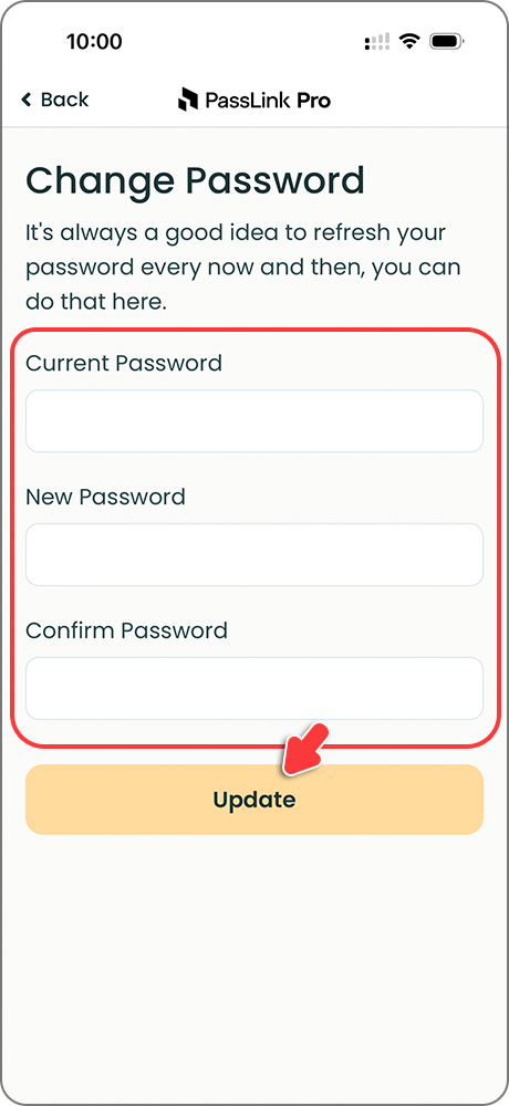 PassLink Pro mobile app Change Password page with password form and Update button