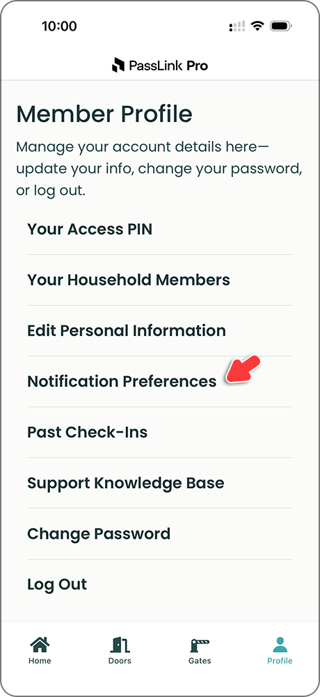 PassLink Pro app Profile page with Notification Preferences link