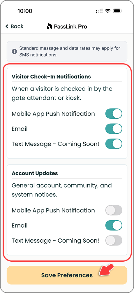 PassLink Pro app Notification Preferences page
