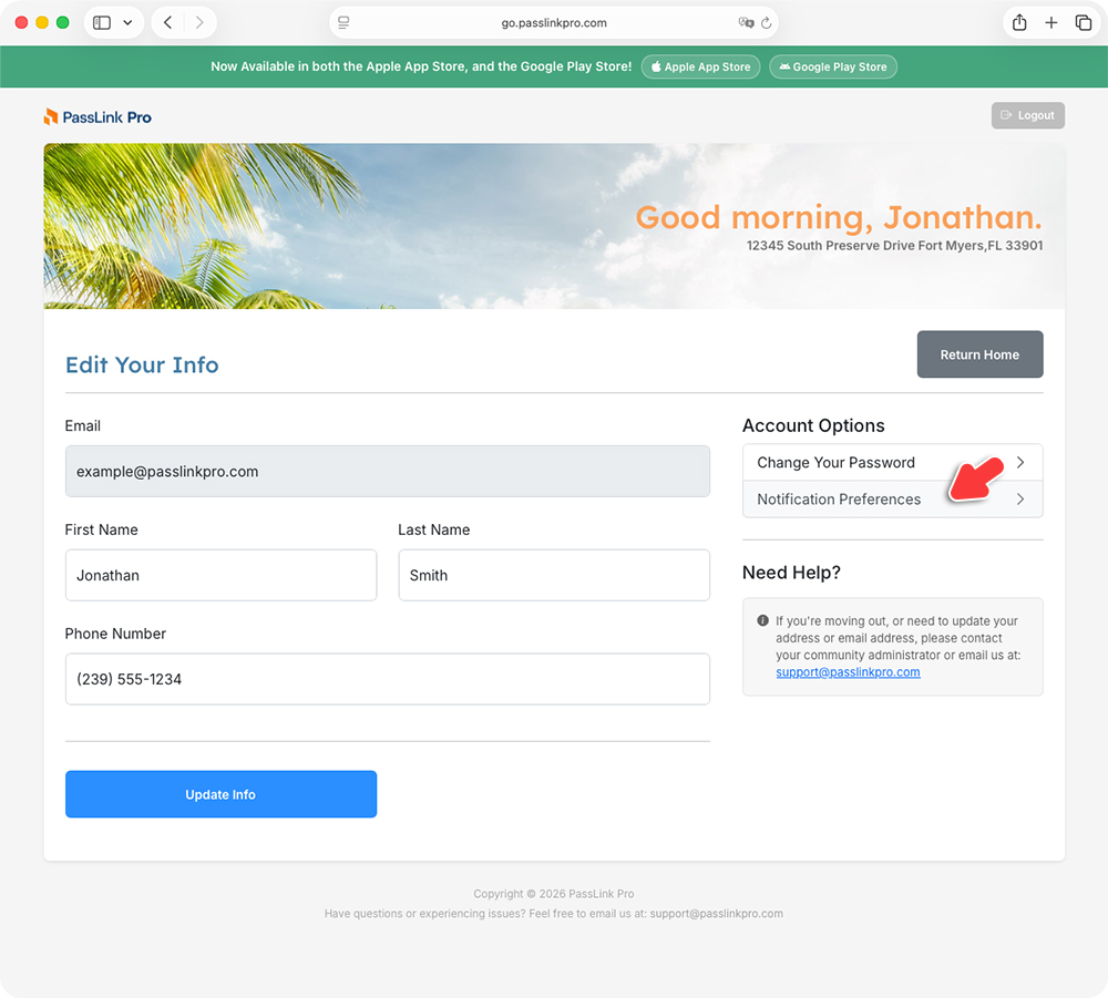 PassLink Pro web Edit Your Info page with Notification Preferences link
