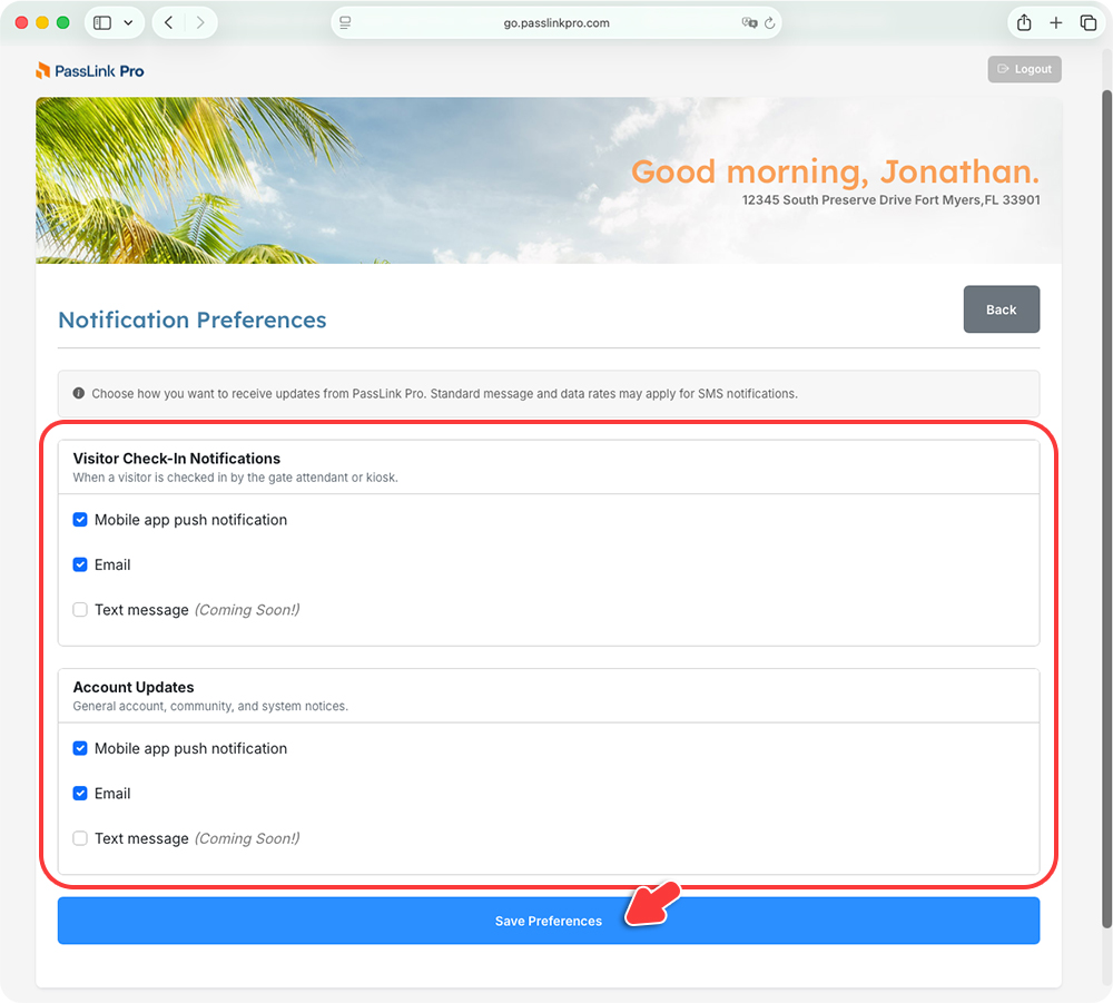 PassLink Pro web Notification Preferences page with Save Preferences button