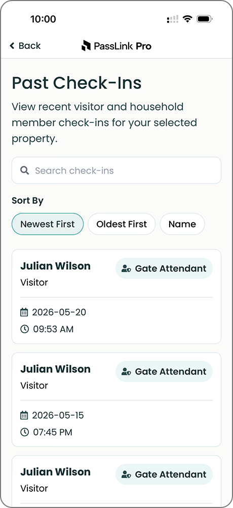 PassLink Pro app Past Check-Ins page