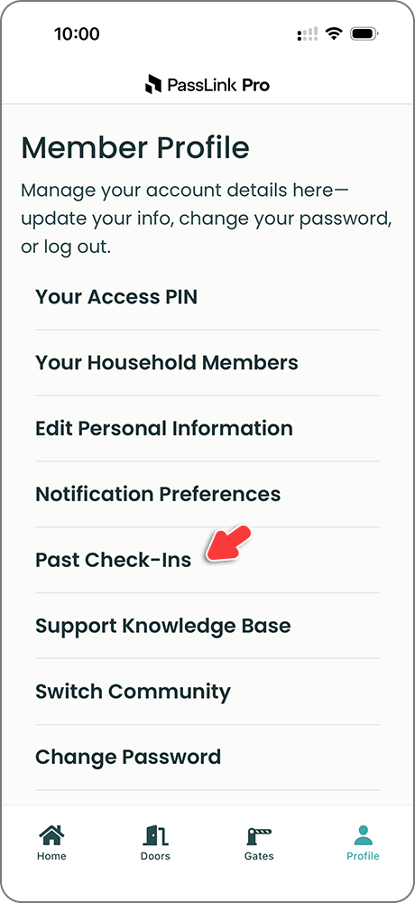 PassLink Pro app Profile page with Past Check-Ins link