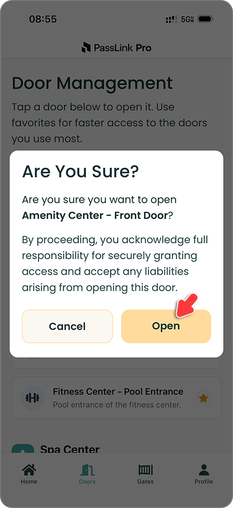 PassLink Pro mobile app confirmation popup for opening a door or gate
