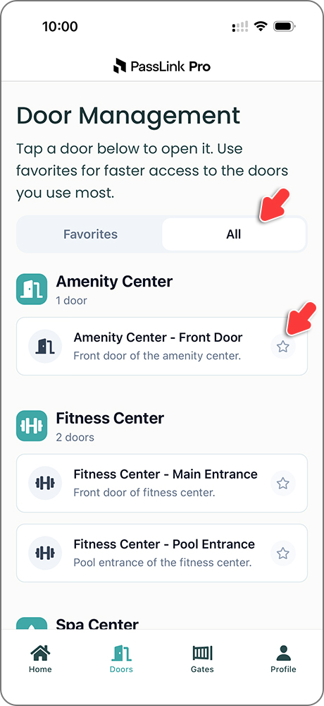 Doors page in the All tab, with an arrow pointing to the star icon on one of the doors