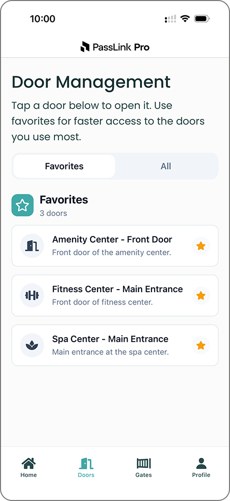 Doors page in the Favorites tab, with favorite doors showing